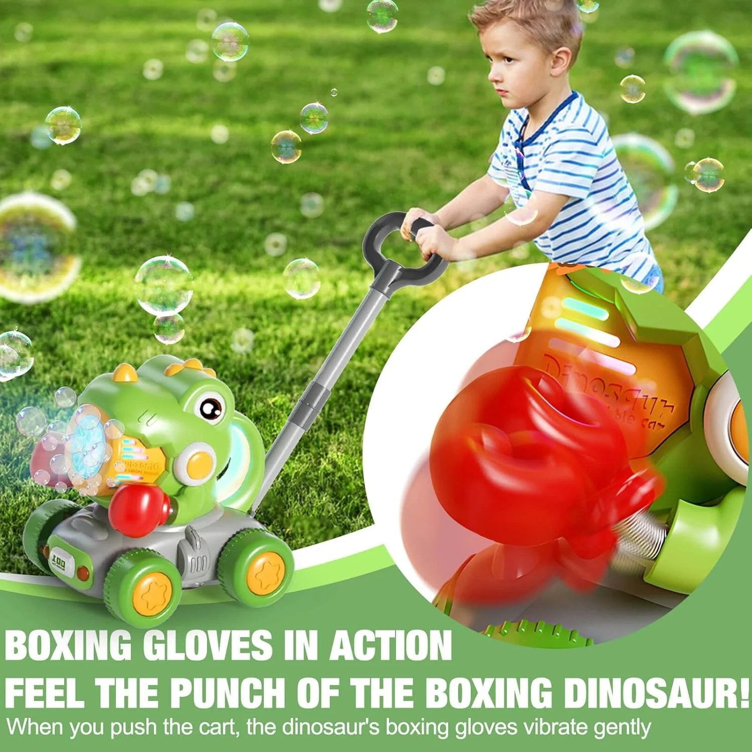 Dinozaur de jucarie interactiv verde cu box, generator de bule si lumini pentru copii 3 ani+ - imagine 4
