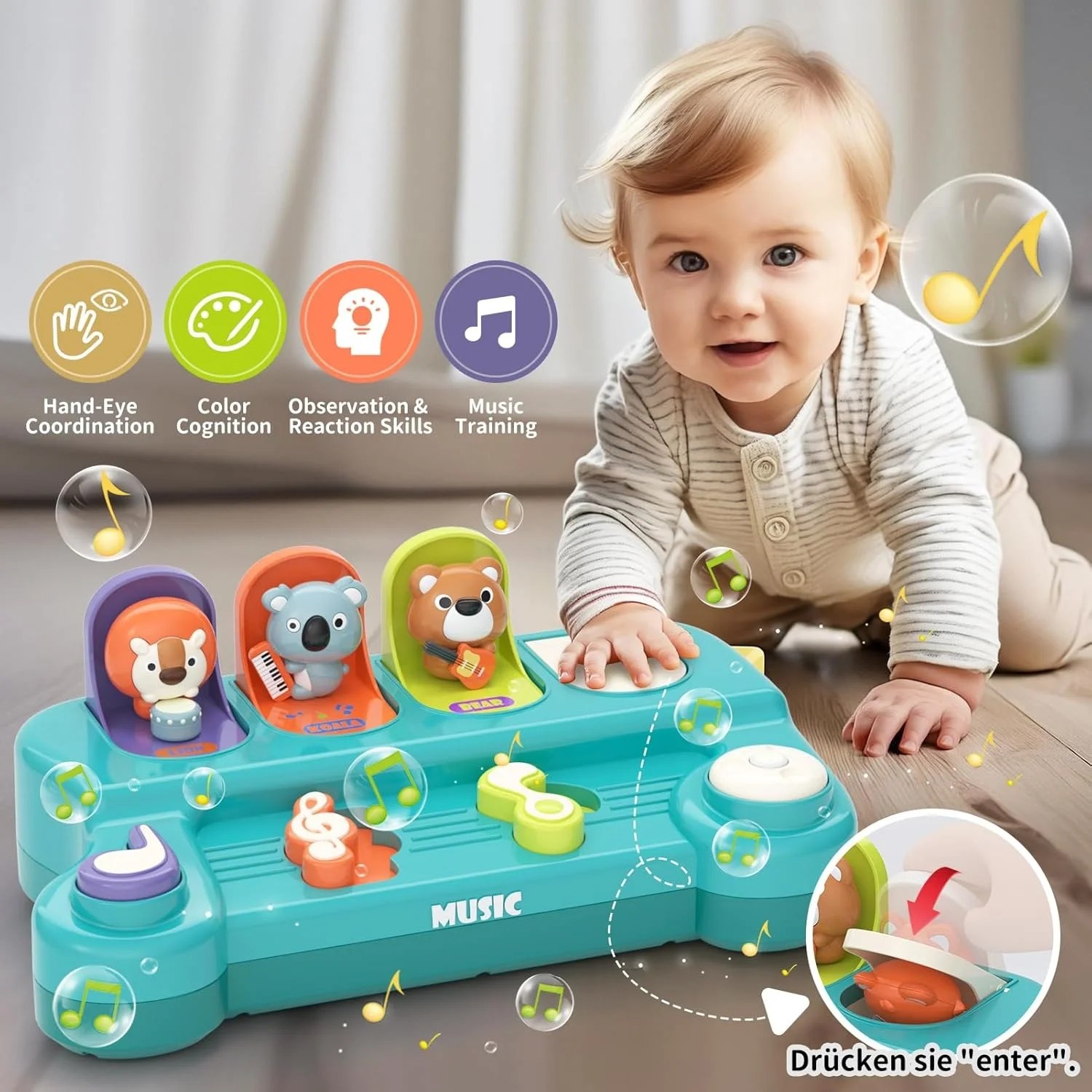 Jucarie interactiva pop-up muzicala cu animale si butoane pentru bebelusi 12+ luni - imagine 2