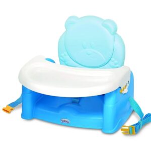 Scaun de masa portabil Veioa pentru bebelusi si copii cu spatar in forma de ursulet albastru