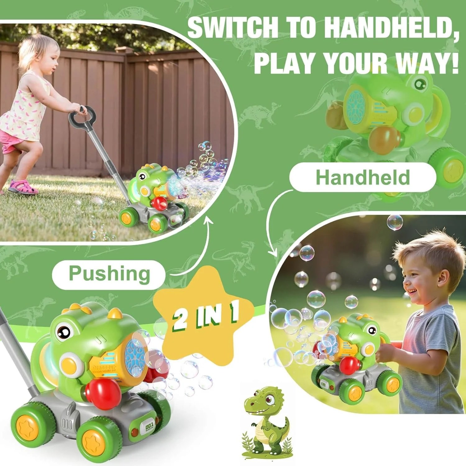 Dinozaur de jucarie interactiv verde cu box, generator de bule si lumini pentru copii 3 ani+ - imagine 5