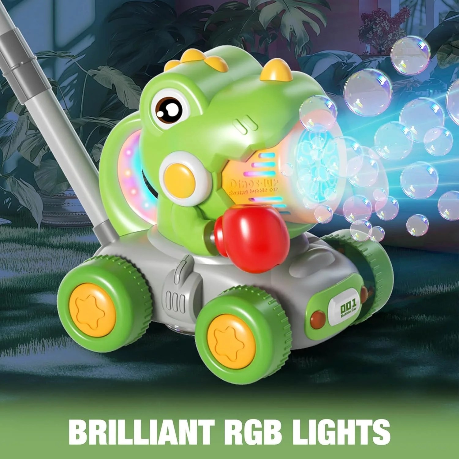 Dinozaur de jucarie interactiv verde cu box, generator de bule si lumini pentru copii 3 ani+ - imagine 3