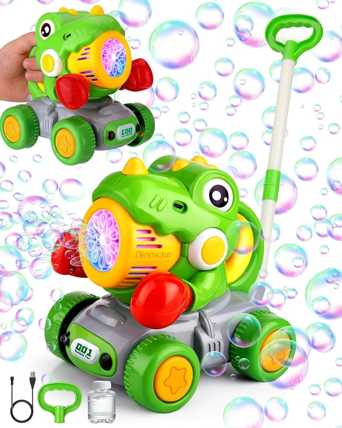 Dinozaur de jucarie interactiv verde cu box, generator de bule si lumini pentru copii 3 ani+ - imagine 2