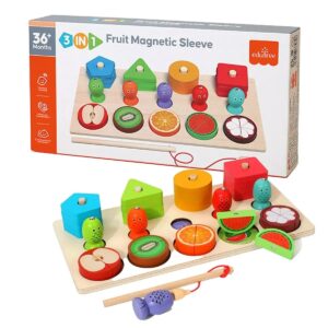 Jucarie educativa din lemn 3 in 1 cu puzzle fructe, forme si pescuit magnetic pentru copii 3 ani+