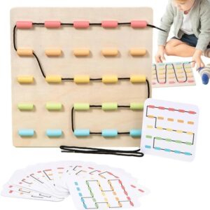 Jucarie montessori din lemn pentru snuruit cu margele colorate si carduri cu modele