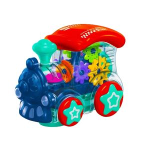 Trenulet interactiv transparent cu mecanism cu angrenaje colorate si roti decorative