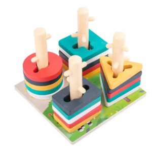 Joc educativ sortator de forme geometrice din lemn, multicolor, cu piloni tip copacel, pentru copii 1-3 ani