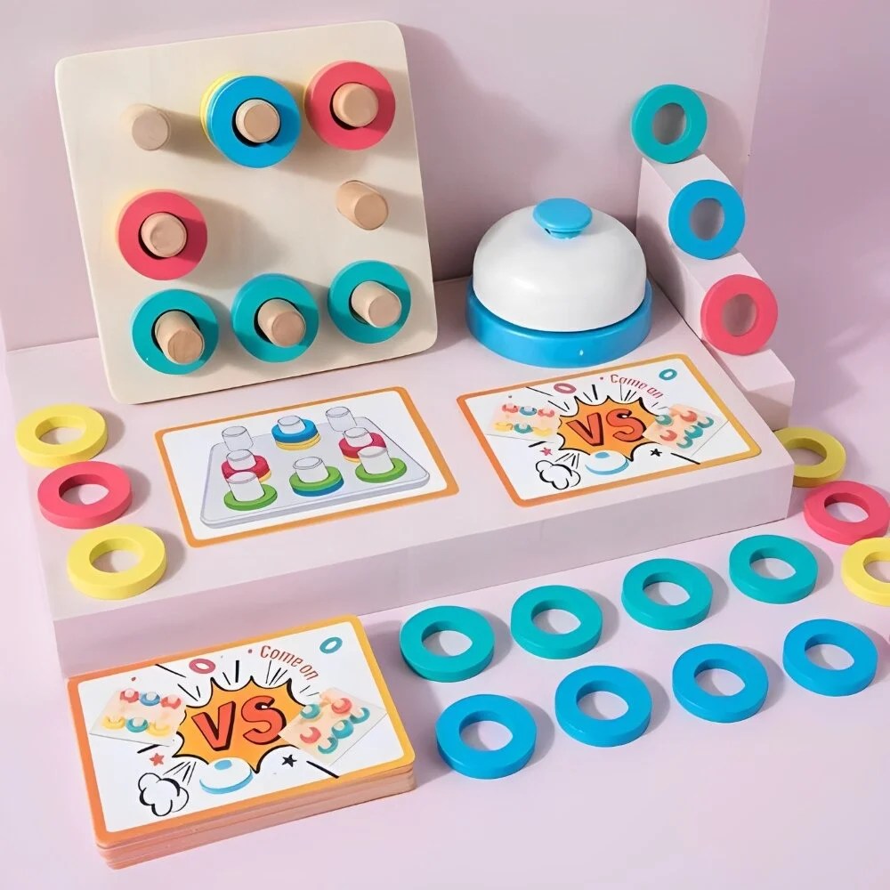 Joc Rapid Educativ din Lemn Color Matching VS cu Inele Multicolore si Clopotel pentru Copii 3+ Ani - imagine 3