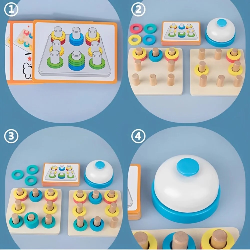 Joc Rapid Educativ din Lemn Color Matching VS cu Inele Multicolore si Clopotel pentru Copii 3+ Ani - imagine 2