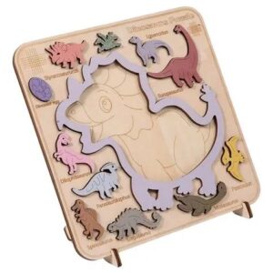 Puzzle educational din lemn cu dinozauri colorati, perfect pentru prescolari
