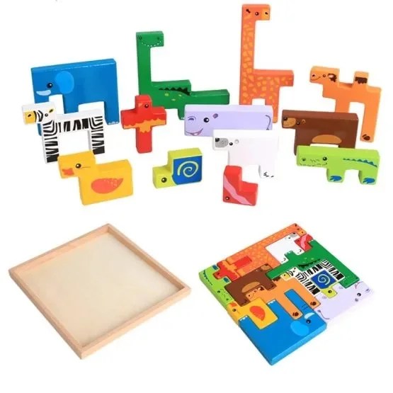 Set educativ de puzzle si stivuit animale din lemn pentru dezvoltarea armonioasa a copiilor - imagine 2