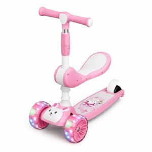 Trotineta convertibila 3 in 1 roz cu scaun detasabil si roti luminoase pentru copii