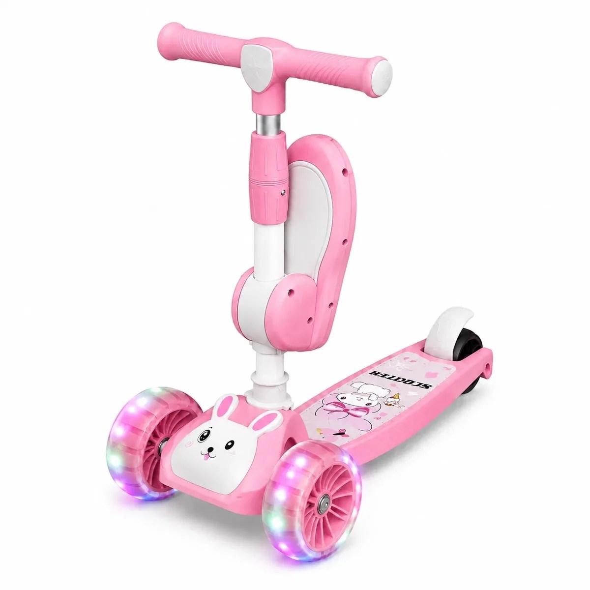 Trotineta convertibila 3 in 1 roz cu scaun detasabil si roti luminoase pentru copii - imagine 3