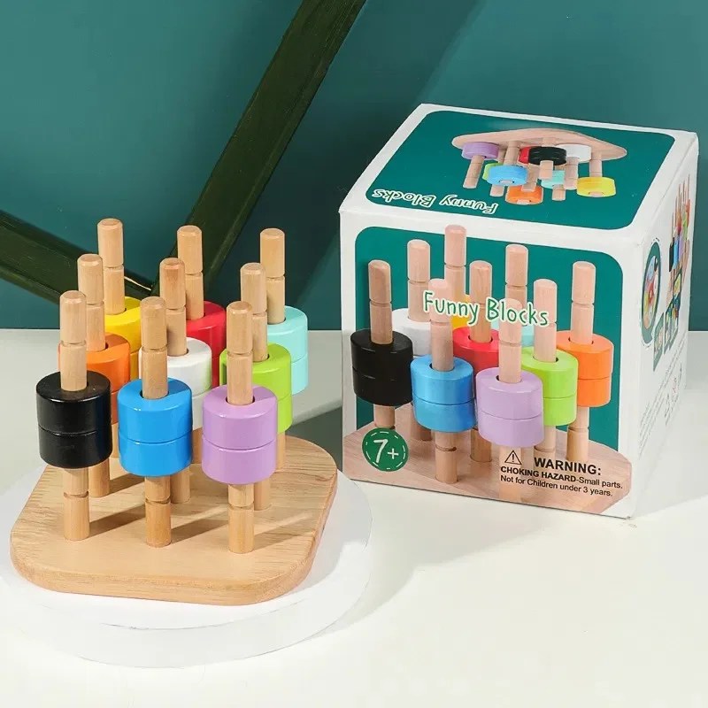 Turn de stivuire din lemn cu inele colorate pentru dezvoltarea abilitatilor motorii si logice - imagine 3