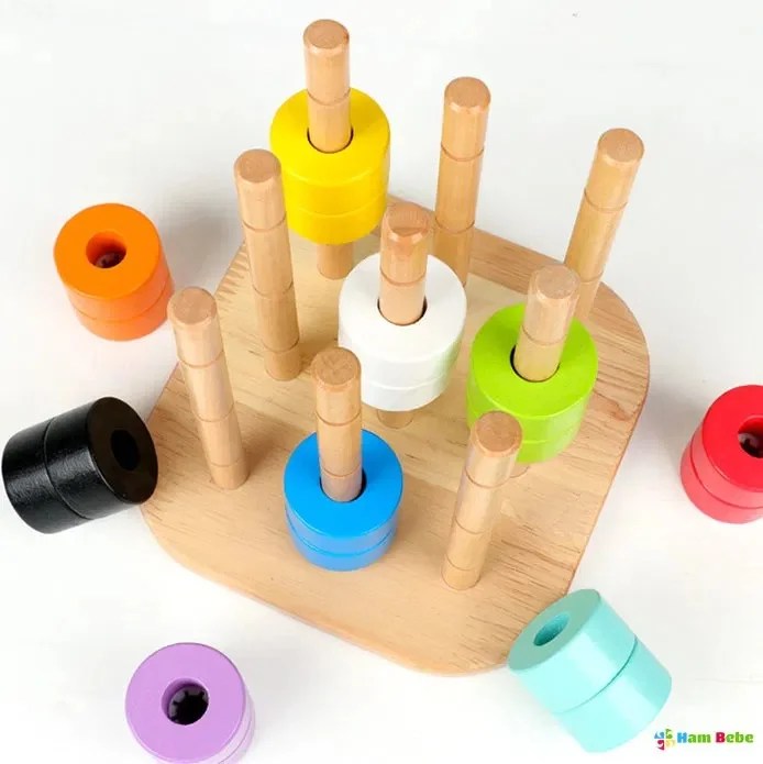 Turn de stivuire din lemn cu inele colorate pentru dezvoltarea abilitatilor motorii si logice - imagine 6