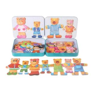Set educativ magnetic din lemn, puzzle cu ursuleti de imbracat, ideal pentru stimularea creativitatii copiilor