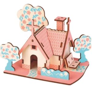 Set puzzle 3D din lemn model casuta americana cu peisaj pentru constructie creativa