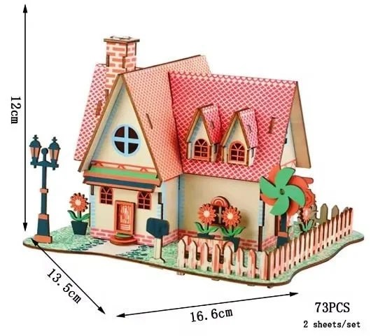 Casuta puzzle 3d din lemn, kit de constructie educational pentru copii, 73 piese - imagine 2