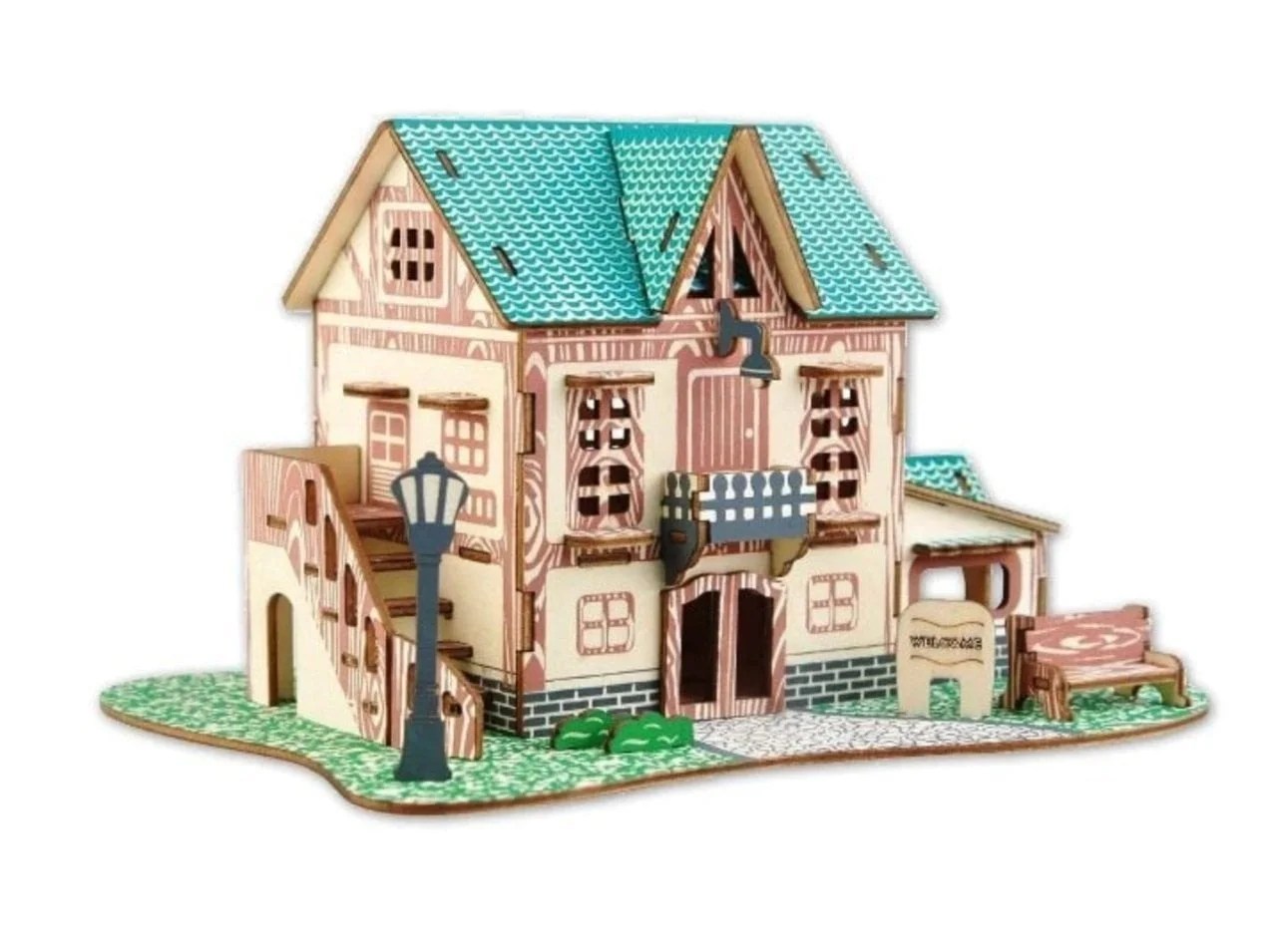 Puzzle 3d casa de vis din lemn model european cu accesorii gradina pentru copii - imagine 4