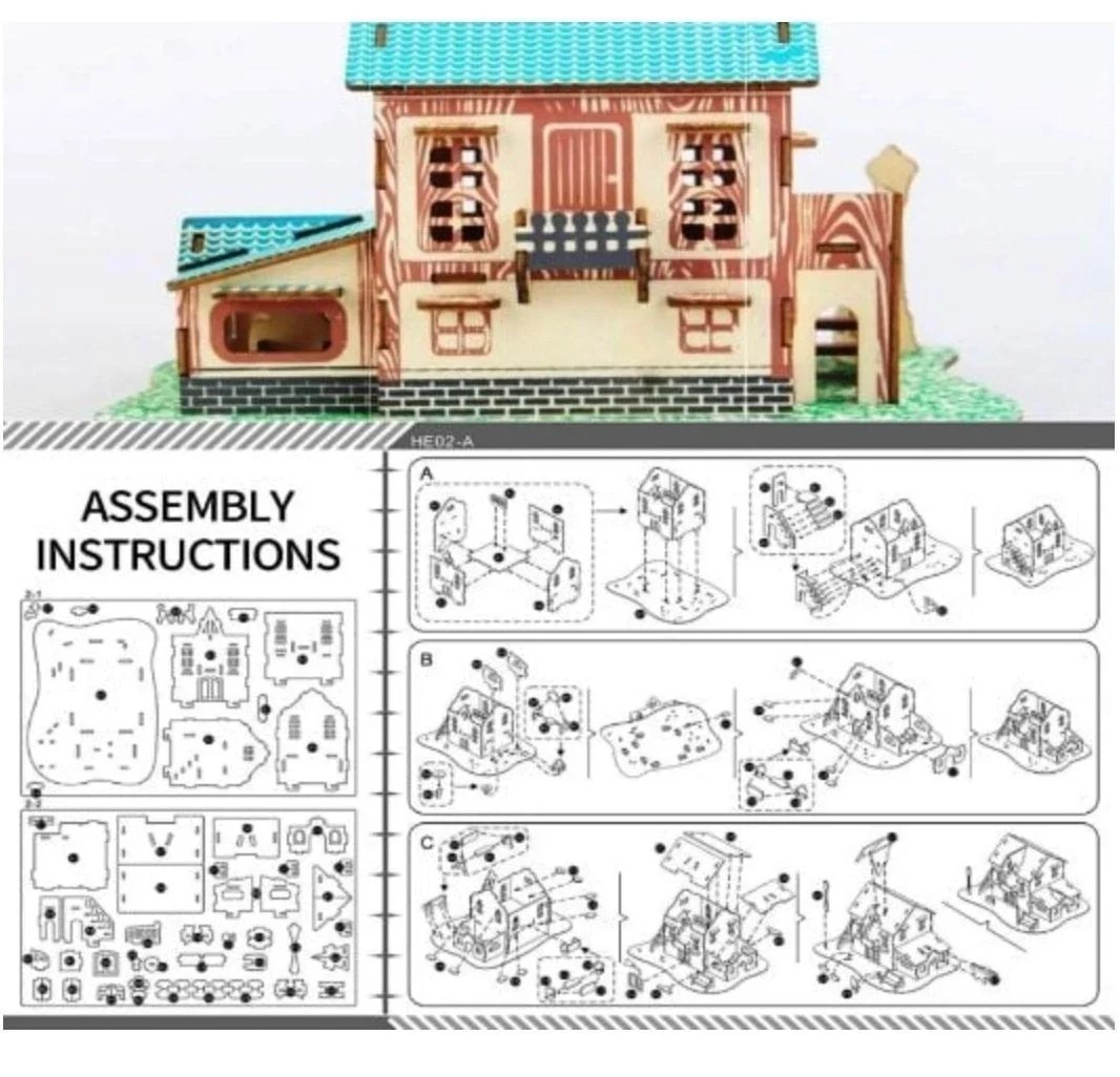 Puzzle 3d casa de vis din lemn model european cu accesorii gradina pentru copii - imagine 6
