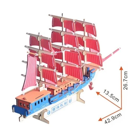 Puzzle 3D din lemn nava cu panze rosii, 77 piese, joc educativ pentru copii peste 8 ani - imagine 3